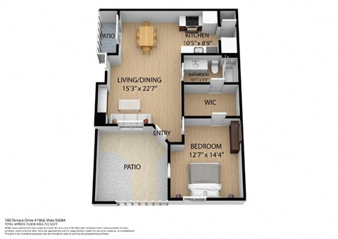 Floor plan for 1 bed, 1 bath, 725 sqft